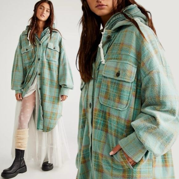 Free People Plaid Long Ruby Jacket in Sage Combo Size XS Grunge Distressed - Picture 3 of 10